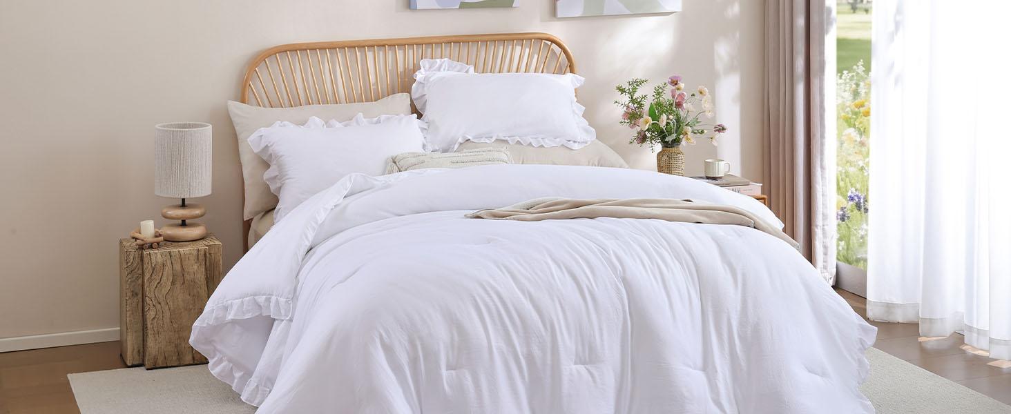 Twin Comforter Set White Comforter Ruffled Comforter Set Soft Twin Size Bed Set Vintage Farmhouse Bed Comforter Set Bedding with 1 Pillowcase