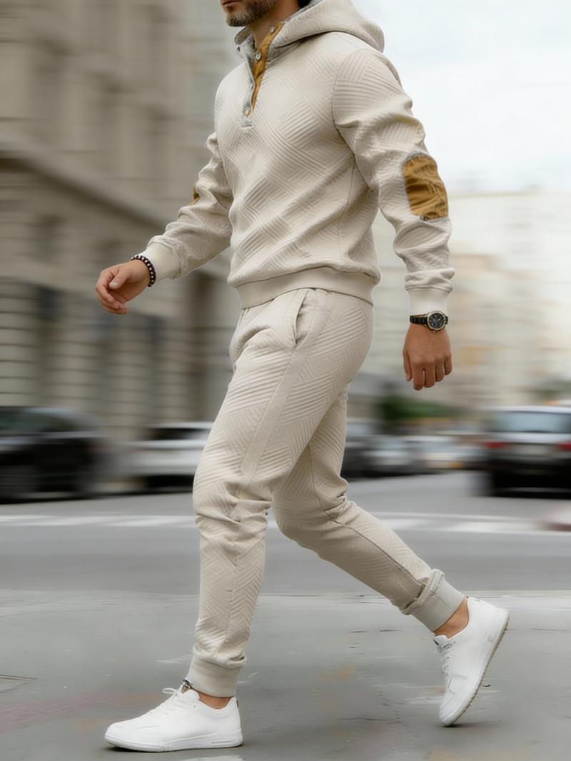 Vintage Style Men's 2-Piece Loungewear Set - Textured Fabric Hoodie with Button Placket & Contrast Details Casual Beige