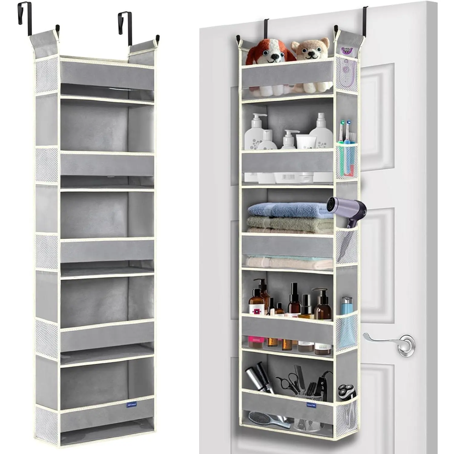 Over The Door Organizer with 5 Shelves and 10 Side Pockets, Hanging Storage for Bathroom Bedroom Nursery, Baby Diapers and Kids Toys, Grey, 13"x5"x44"Gift