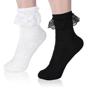 2pairs Ruffle Socks for Women Turn-Cuff Lace Frilly Ankle Comfortable Cotton Princess Socks (White Black)Gift.