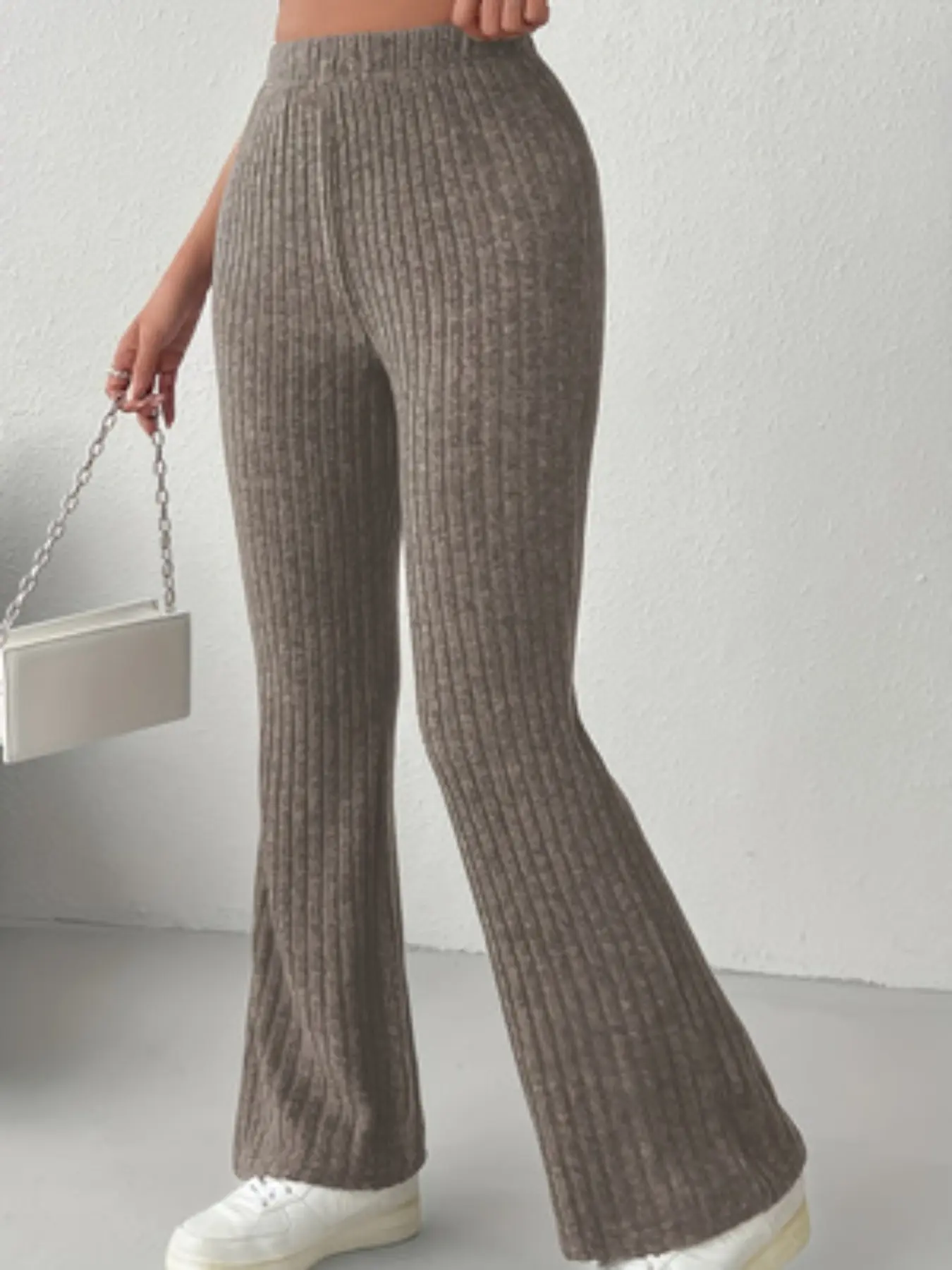 Women's Plus Size Long Pants, Fall Winter Faux Fur Textured Micro Flare Comfortable Elastic Waist, Stylish Casual Bottoms