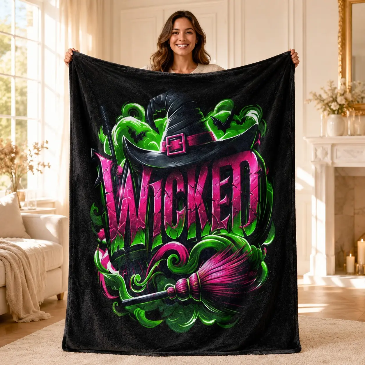 1PC WICKED Witch Hat Broom Fluorescent Green Pink Contrast Trend Print Flannel Blanket, Soft Skin-Friendly Anti-Pilling Machine Washable Lightweight Warm, Suitable For All Seasons, For Home Sofa Rest, Bedroom Naps, Unique Home Decor, For Fantasy Dark Styl
