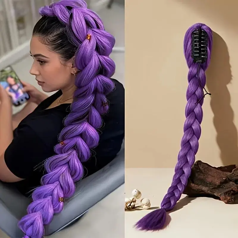 Purple Y2K Pigtail Hair Extensions, Clip-In Braided Ponytail with Laser Wire, Synthetic Yaki Straight Hairpieces for Cosplay, Halloween, Festival, Costume Party & Daily Wear