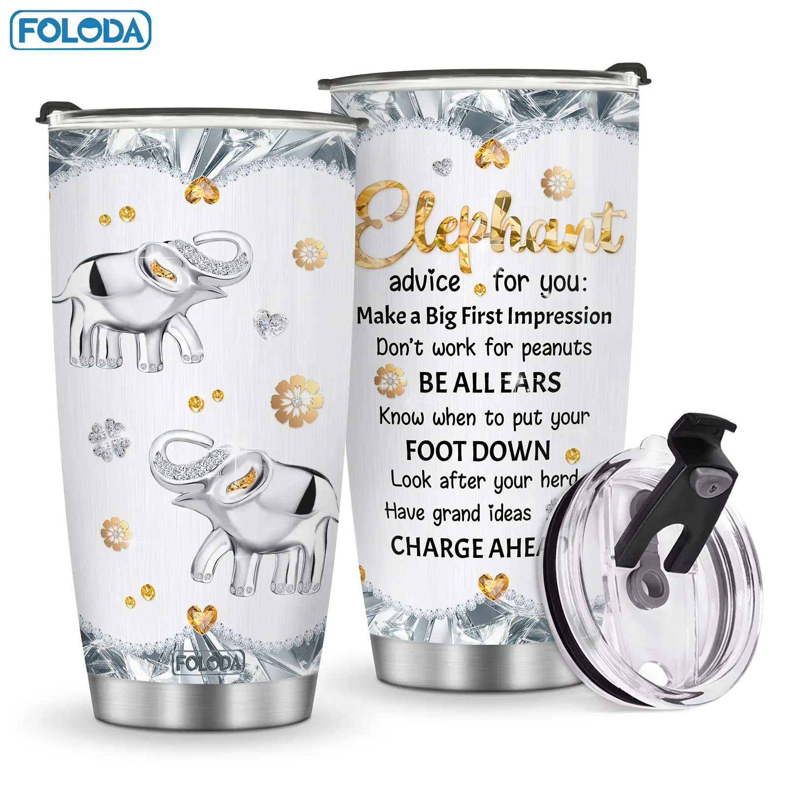 20oz Stainless Steel Insulated Vacuum Flask - Portable, Leak-Proof Modern Single Cup with Lid, Elephant Design Reusable Travel Coffee Cup Travel Gift for Elephant Lovers