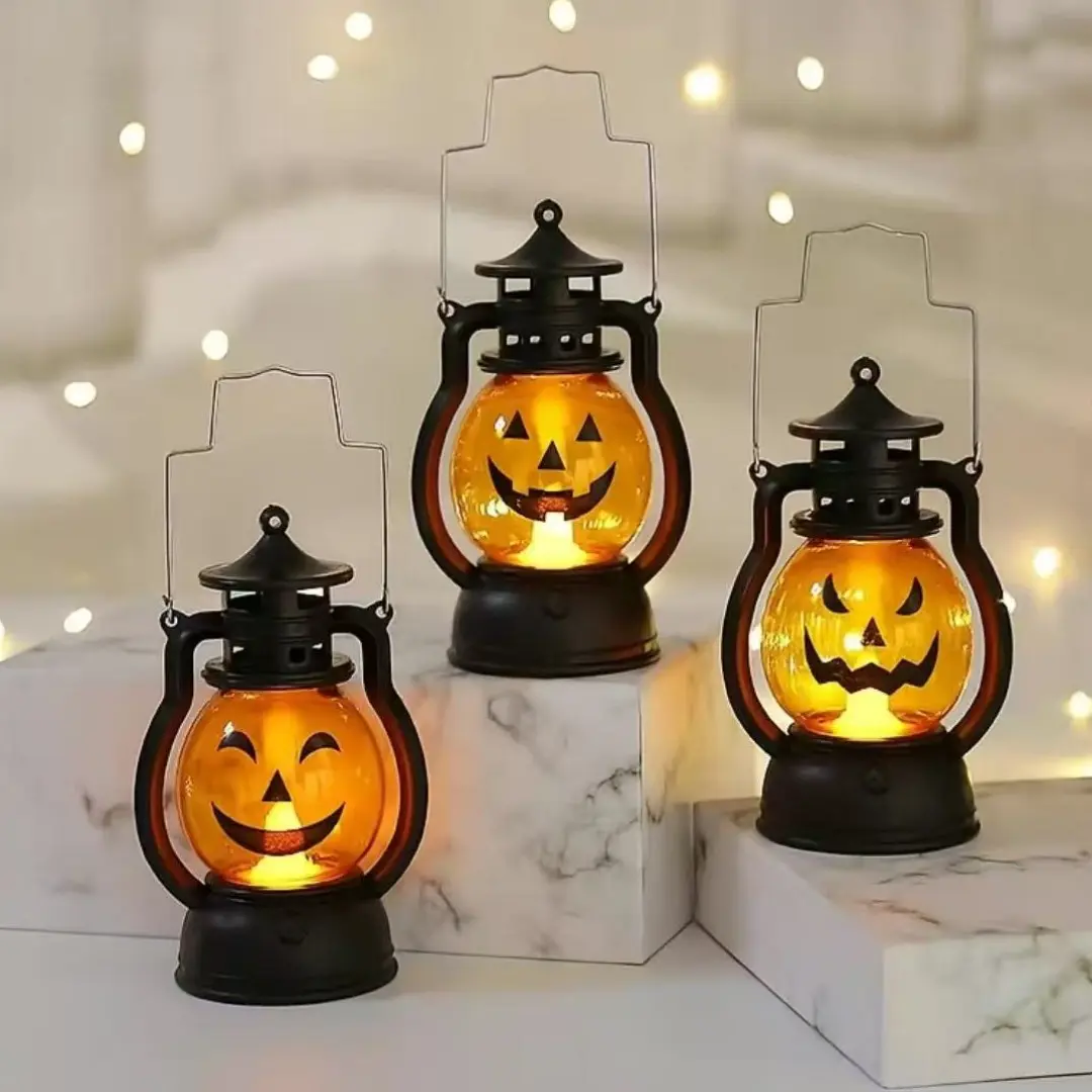 3 Pieces Glowing Pumpkin Lantern Battery Powered Halloween Decorative Light, Indoor Outdoor Use, Fun Scary Expressions