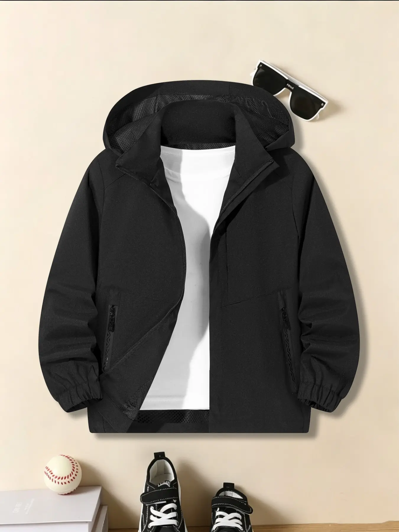 Boys' Casual Jacket, Full Zip Hooded Design, Side Pocket Utility Detail, Zipper Closure, Versatile Style for School, Outdoor Activities, Light Sports
