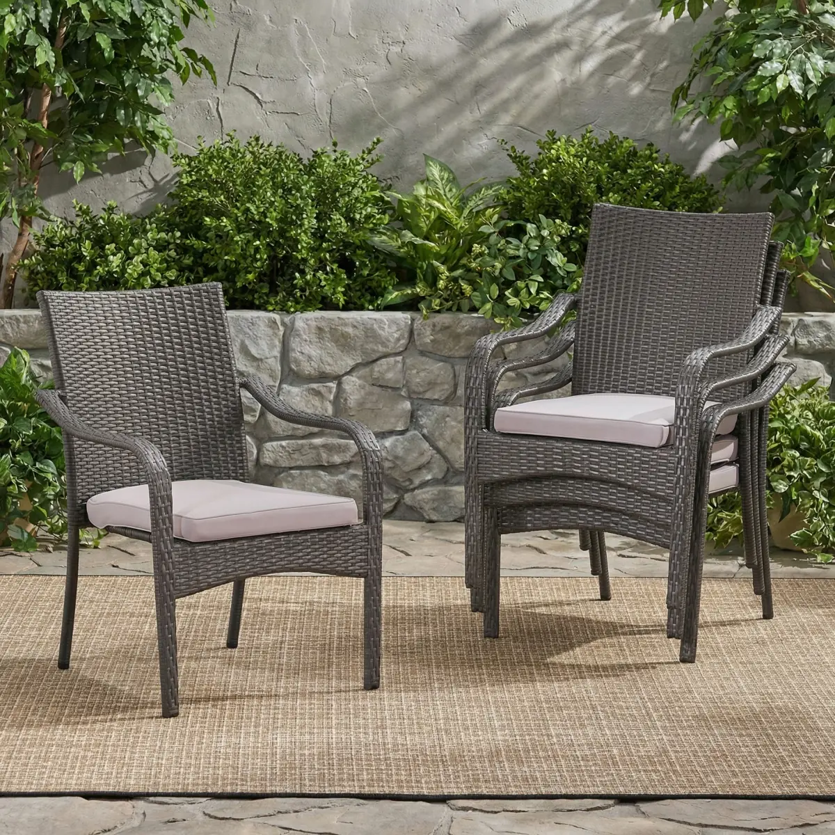 Outdoor PE Rattan Stacking Chair with Iron Frame and Cushions(Set of 4), Grey Wicker
