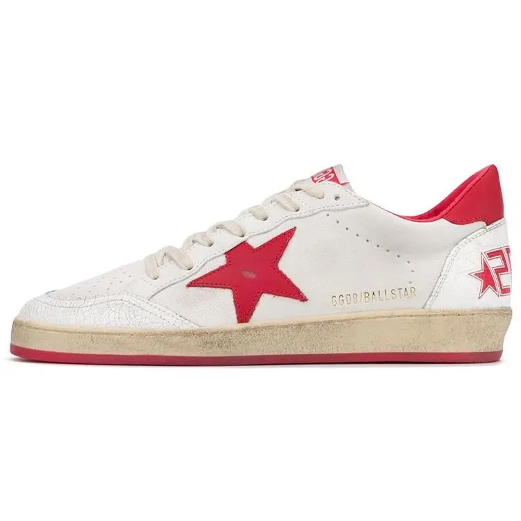 Men's Golden Goose Ball Star Distressed Low-Top Casual Rubber Trainer Footwear - White & Red Trending Shoes, Maison Mihara Verifiable Official House White Shoes with Credentials for Global Authentication