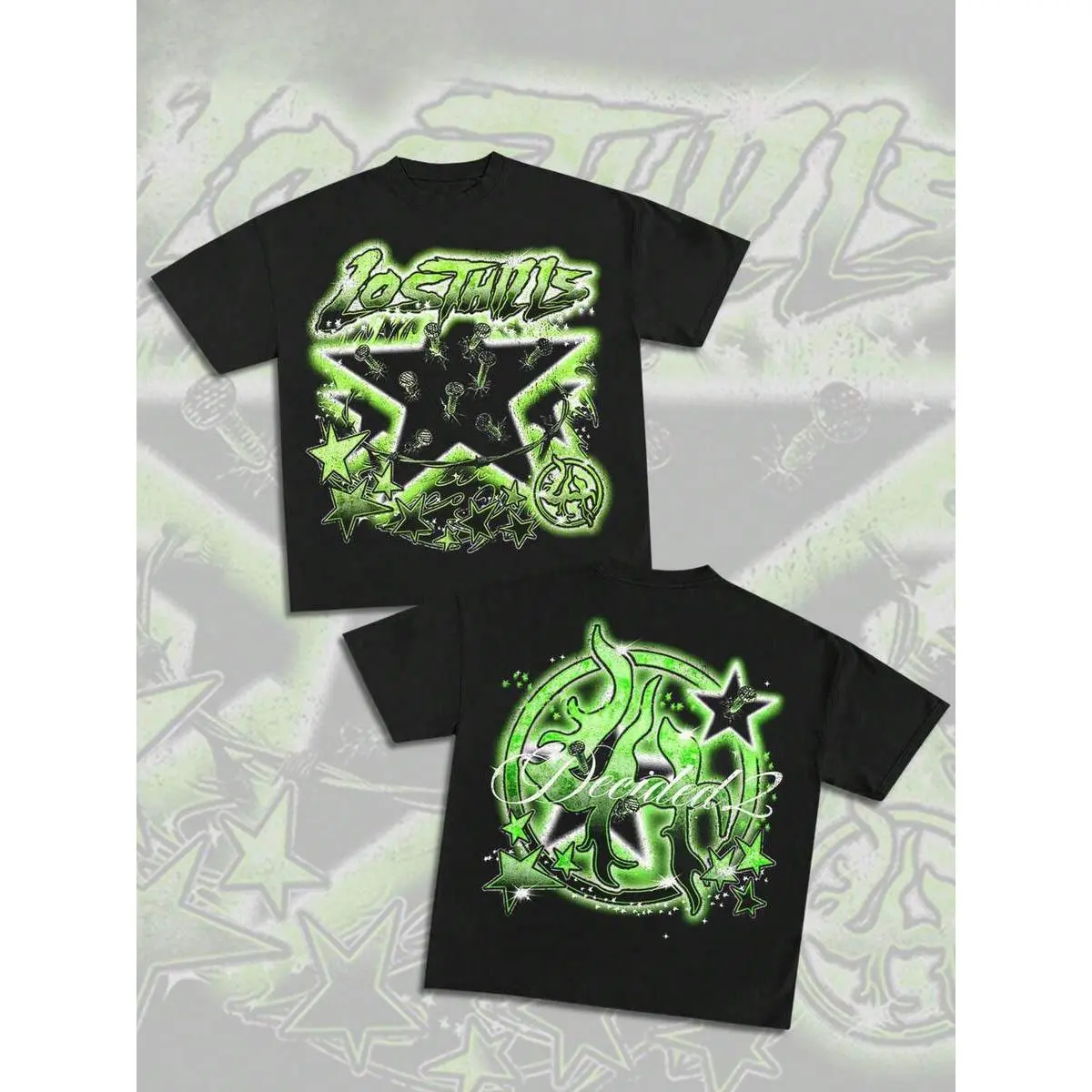 Men's Casual Short-Sleeve Cotton White T-Shirt - Relaxed Streetwear Top, Front Neon Green Spiked Star Letter Graffiti, Back Circle Flame Spray Print, Soft Sweat-Wicking Fabric, Ideal for Live Shows, Punk Vibe Bracelet & Chain Matching
