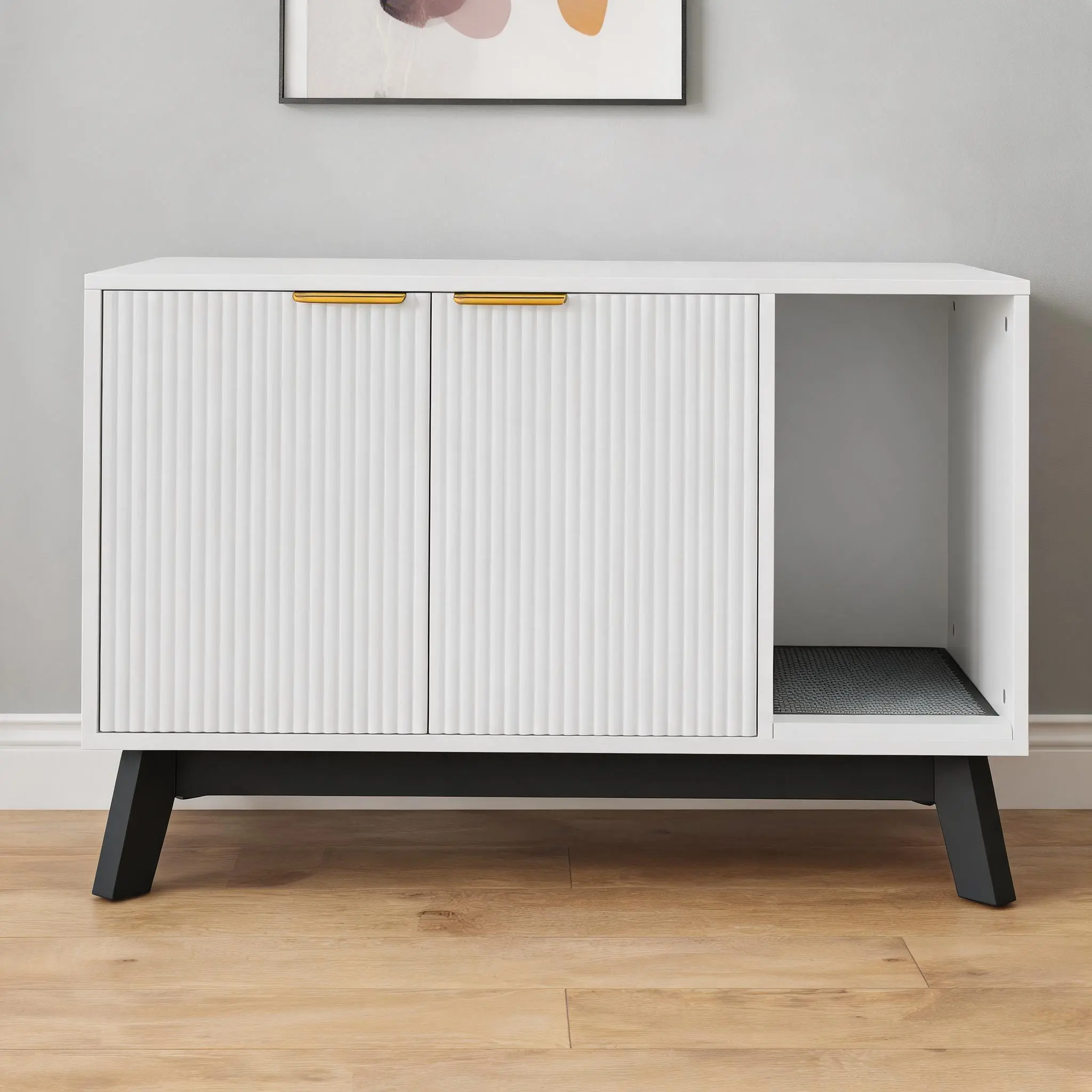39" Large Hidden Cat Litter Box Furniture, Wooden Side Table with Fluted Doors & Gold Handles, Waterproof Ventilated Cat House Enclosure