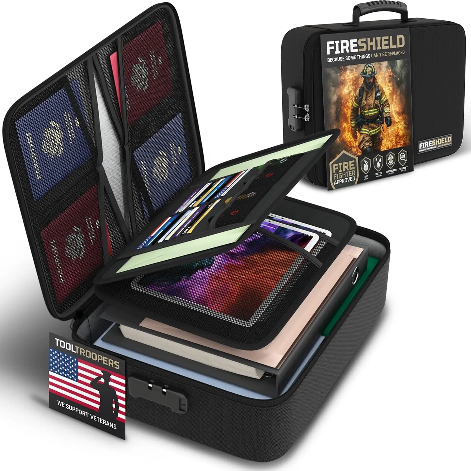 5200°F Fireproof Document Box with Lock – Fire Safe Organizer with Laptop, Tablet & Cards Pockets – Water Resistant, Multi-Pocket Storage for Travel, Home or Office – 15" x 11" x 4.1"
