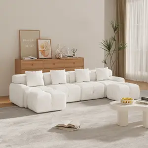 Aobtkel 4-Piece L-Shaped Upholstered Modular 4-Seat Sectional Sofa, 104.3in Oversized Boneless Convertible Cloud Tufted Comfy Couch with Deep Seat, Movable Ottoman, 3 Pillows, Fuzzy Polyester Fiber, No Assembly, Ivory for Living Room Decor & Furniture