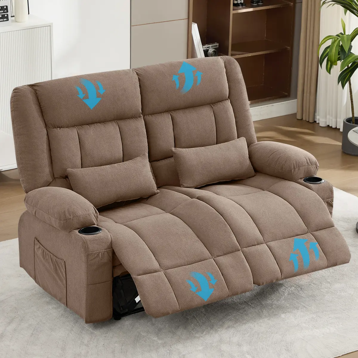 ARCH Rectangular 2-Seat Manual Recliner Loveseat - Metal Frame, Cup Holders, Side Pocket, Ergonomic Soft Fabric, Oversize Sofa for Living Room, 61.81Wx34.64Dx41.14H, 600 lbs Cap.
