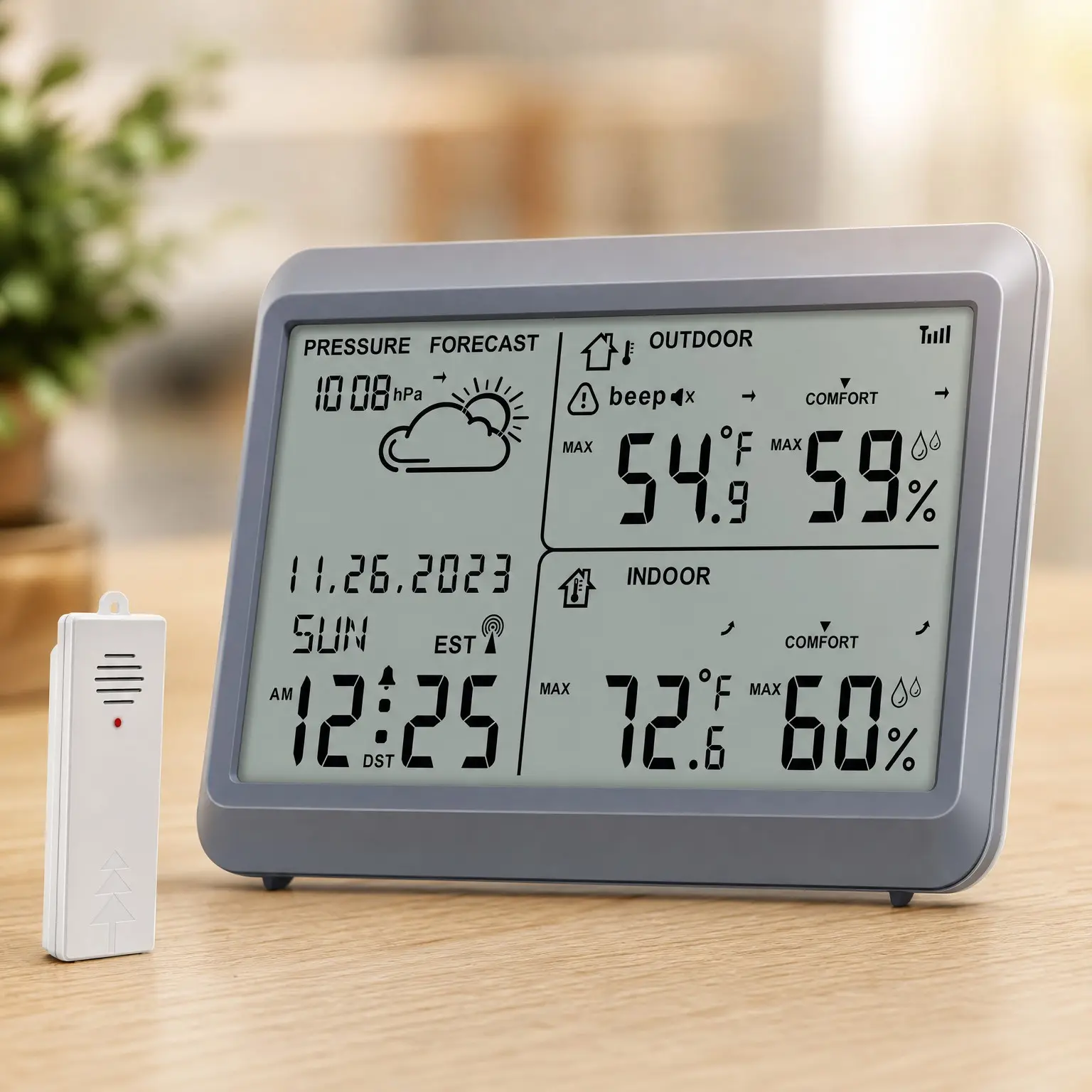 Wireless Weather Station with Indoor Outdoor Thermometer and Humidity, Atomic Clock with Date & Day, Home Weather Forecast, Battery Powered