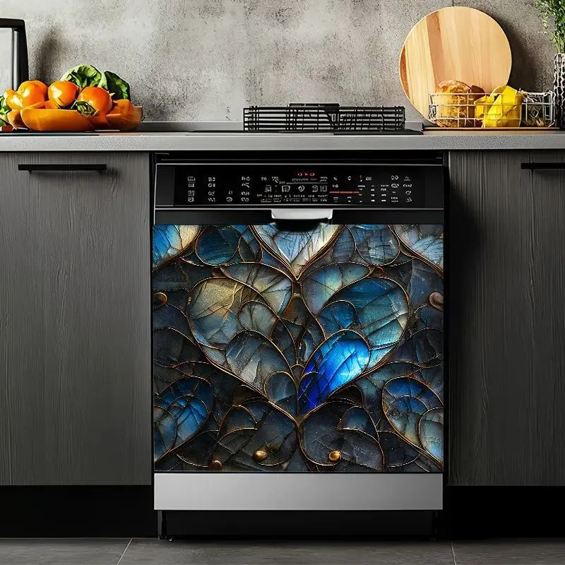 2D Flat 2Pcs Dishwasher Decorative Sticker Stained Glass Style Blue Mosaic Pattern Kitchen Appliance Cover Waterproof Self-Adhesive Front Panel Film Removable Modern Home Decor for Washing Machine Refrigerator