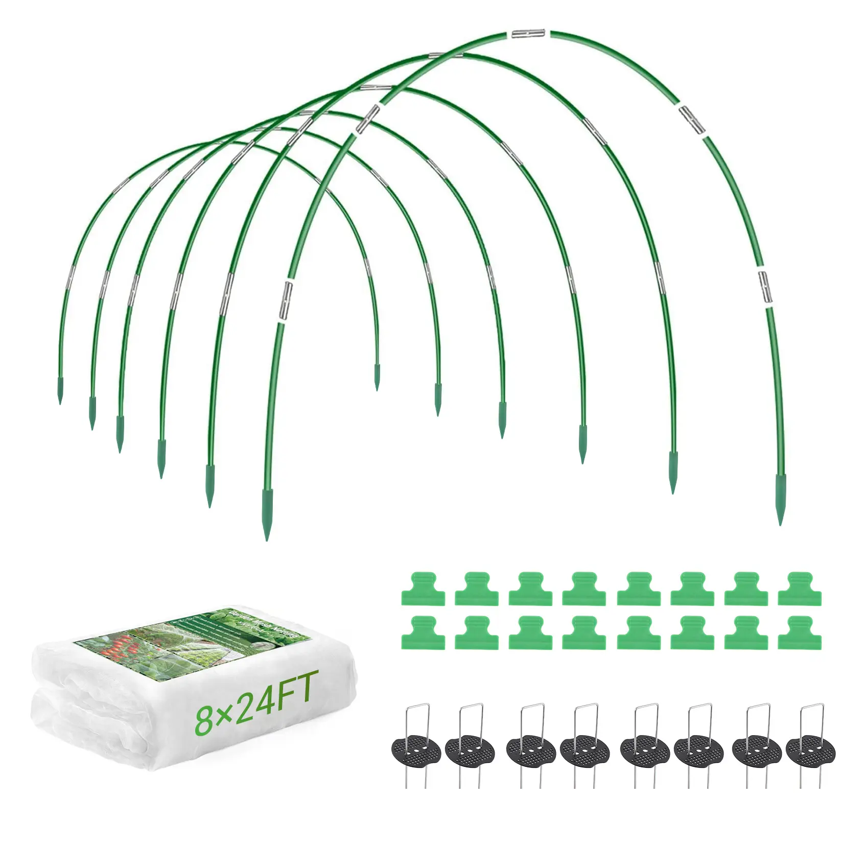 Garden Mesh Netting Kit - Premium Durable Bird Netting Plant Protection Cover for Raised Bed, Backyard & Balcony with 8x24 ft Size, Hoops & Clips, Green