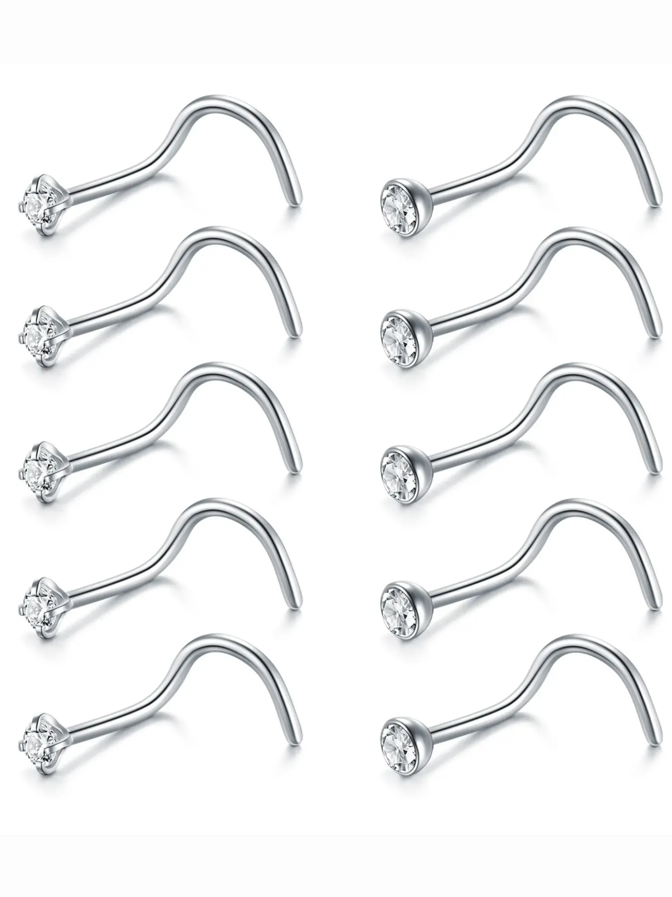 10pcs/set Nose Studs for Women, 18g 20g Corkscrew Nose Ring, Stainless Steel Nose Screw Studs, Punk Style, All Seasons Piercing Jewelry