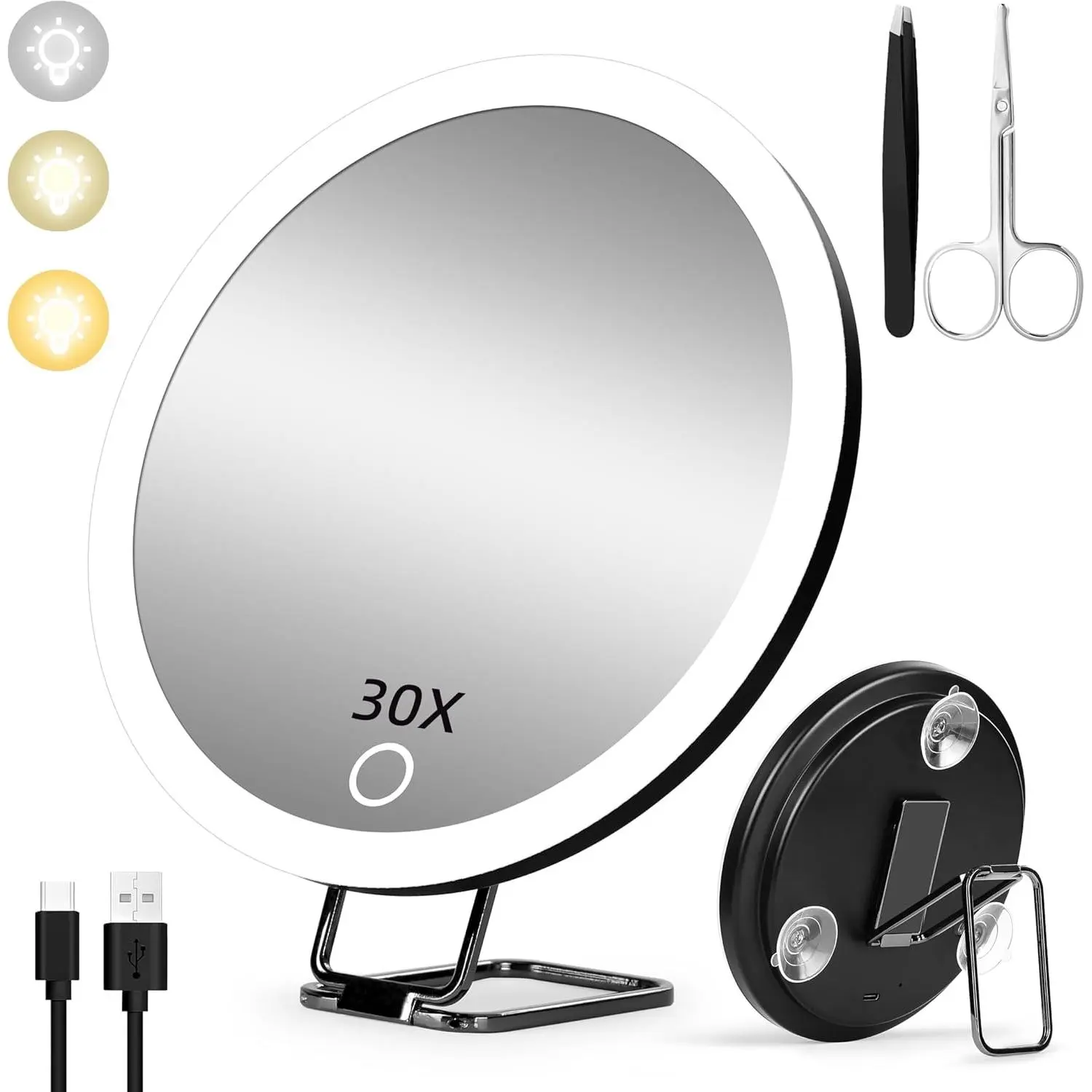 30x Magnifying Mirror With Light, Large 6" Rechargeable Lighted With Suction Cups & Table Stand, 3 Color Modes Dimmable Light up Travel Makeup High Magnification