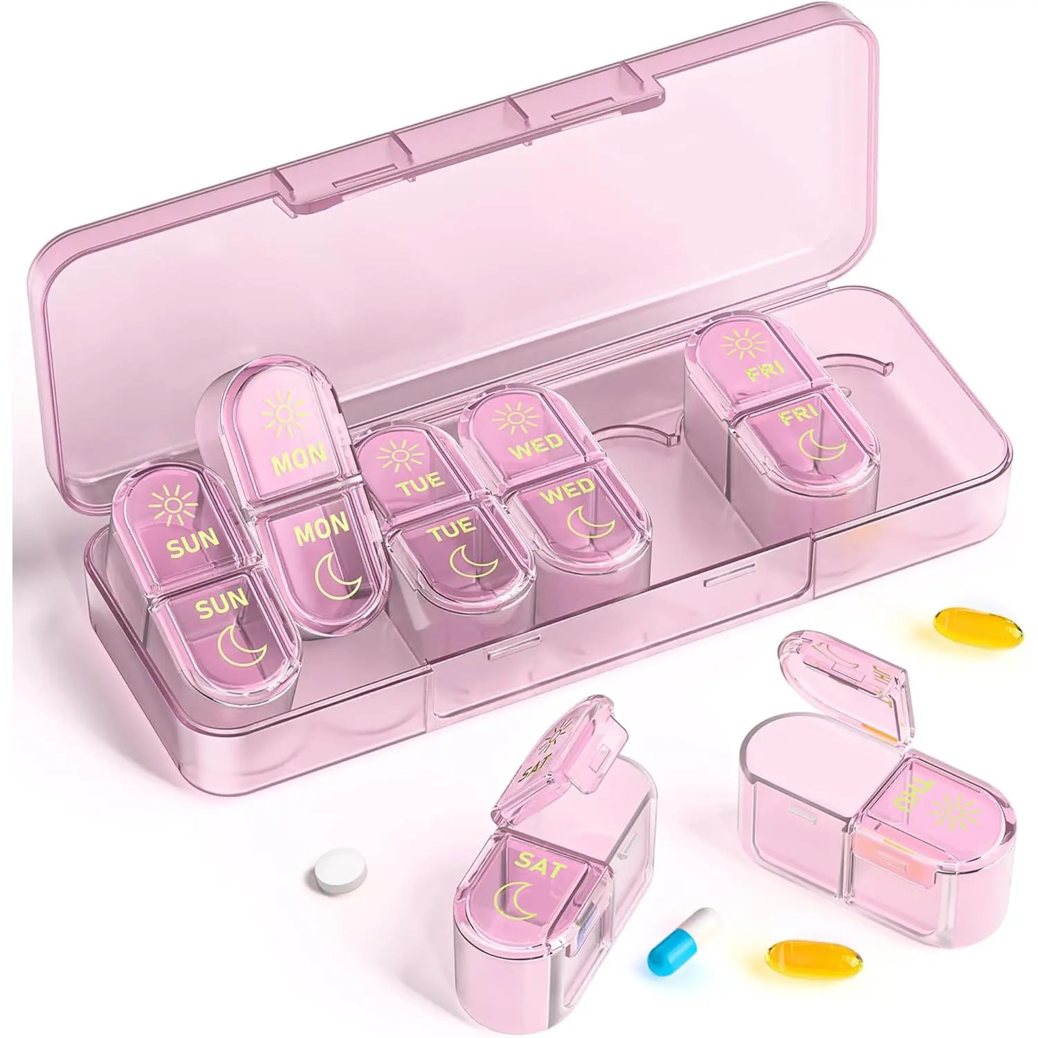 Organizer 2 Times a Day, AM PM Organizer 7 Day, Weekly Box 2 Twice a Day, Travel Case 7 Days, Medicine Organizer for Medication, Vitamins, Fish Oils, Supplements