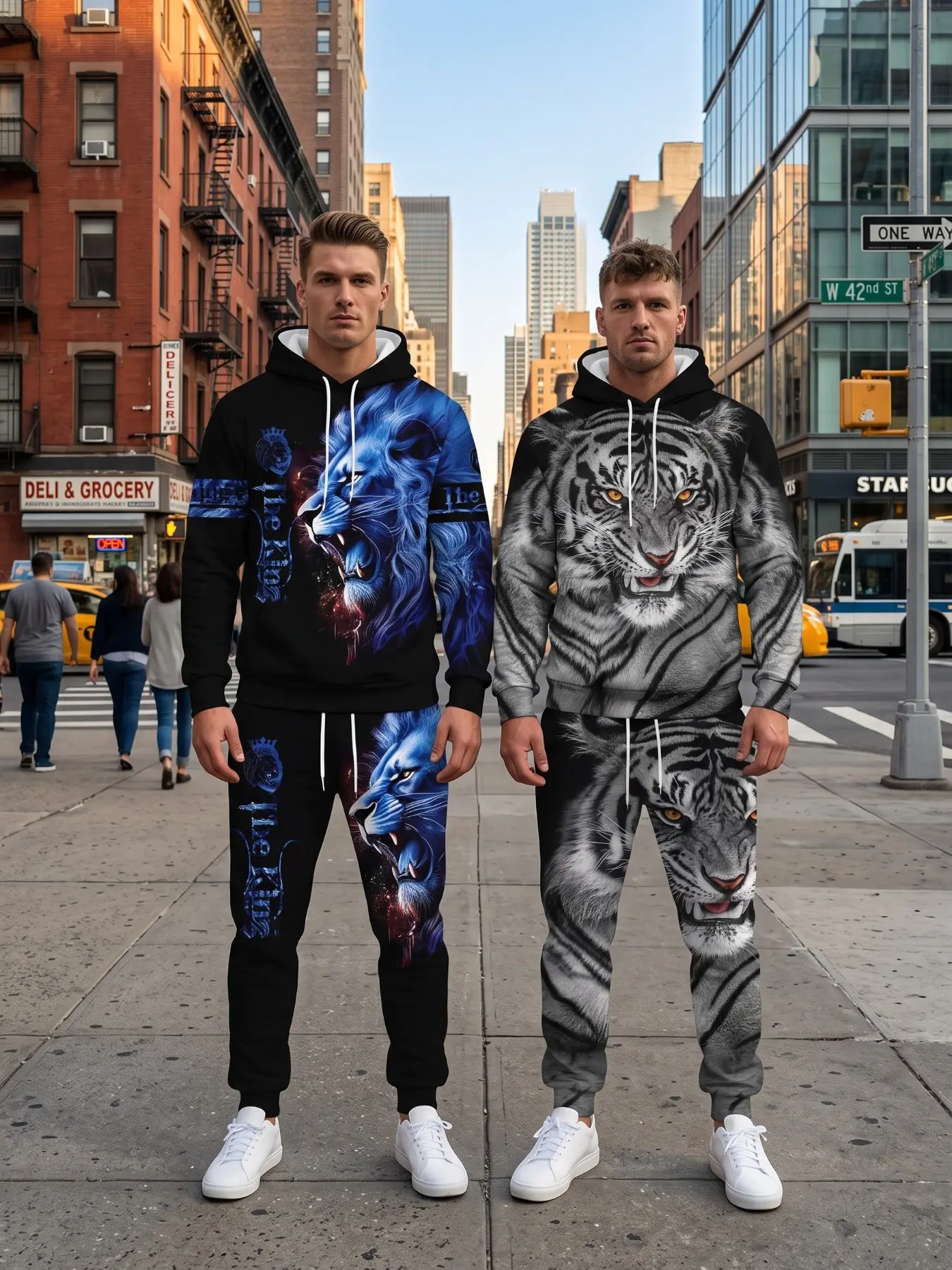 Men's 4-Piece Lion Tiger Full Print Hoodie Set, Animal King Pattern Sweatshirt and Pants, Streetwear Fashion, All Seasons