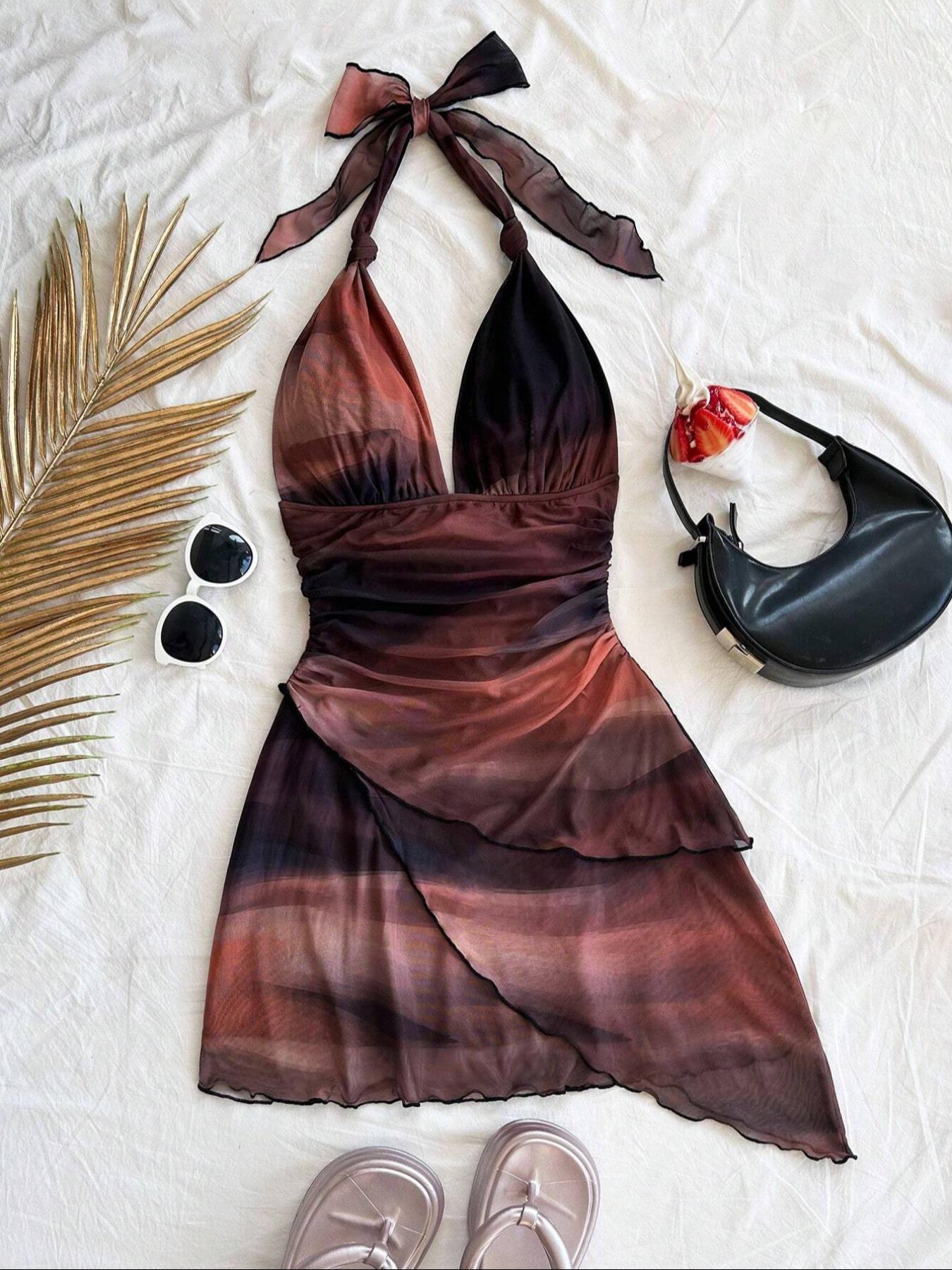 Women's Colorblock Print Tie Back Fashion Draped Dress, Chic Casual Halter Sleeveless Dress for Summer, Ladies Clothes for Beach Holiday Vacation