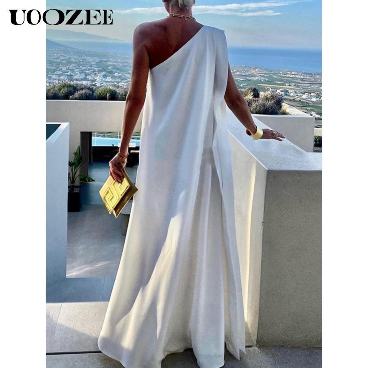 UOOZEE Women's Casual Loose Asymmetric Solid Color Split-Joint One-Shoulder Maxi Dresses, Party, Holiday Elegant Style, Chiffon Fabric, birthday outfit One Size Up Recommended for C - Cup and Above