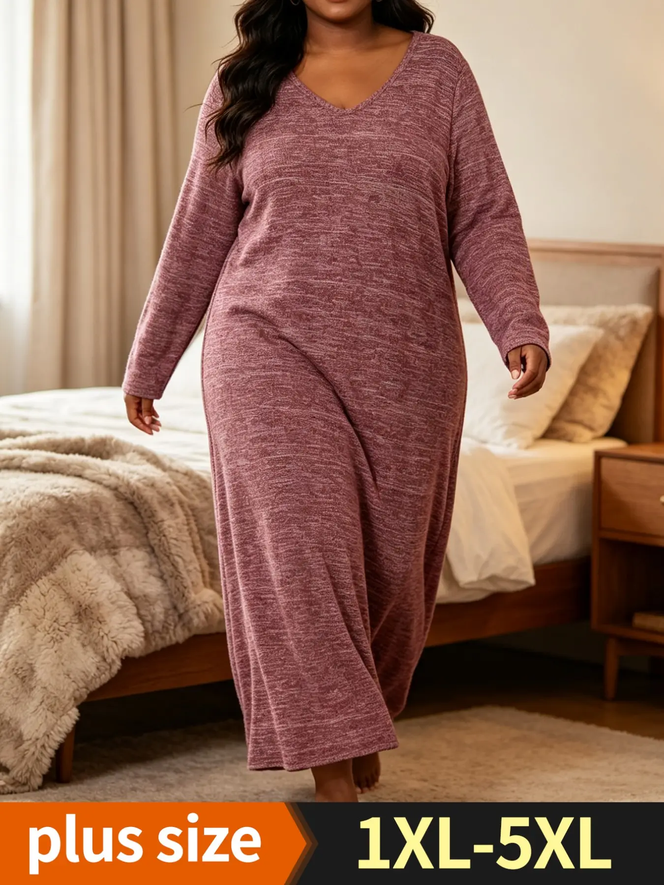 New Fall Winter Casual Elegant Plus Size Nightdress, 1xl-5xl, 200g Color Cotton Cashmere Fabric, Loose V Neck Long Sleeve Dress