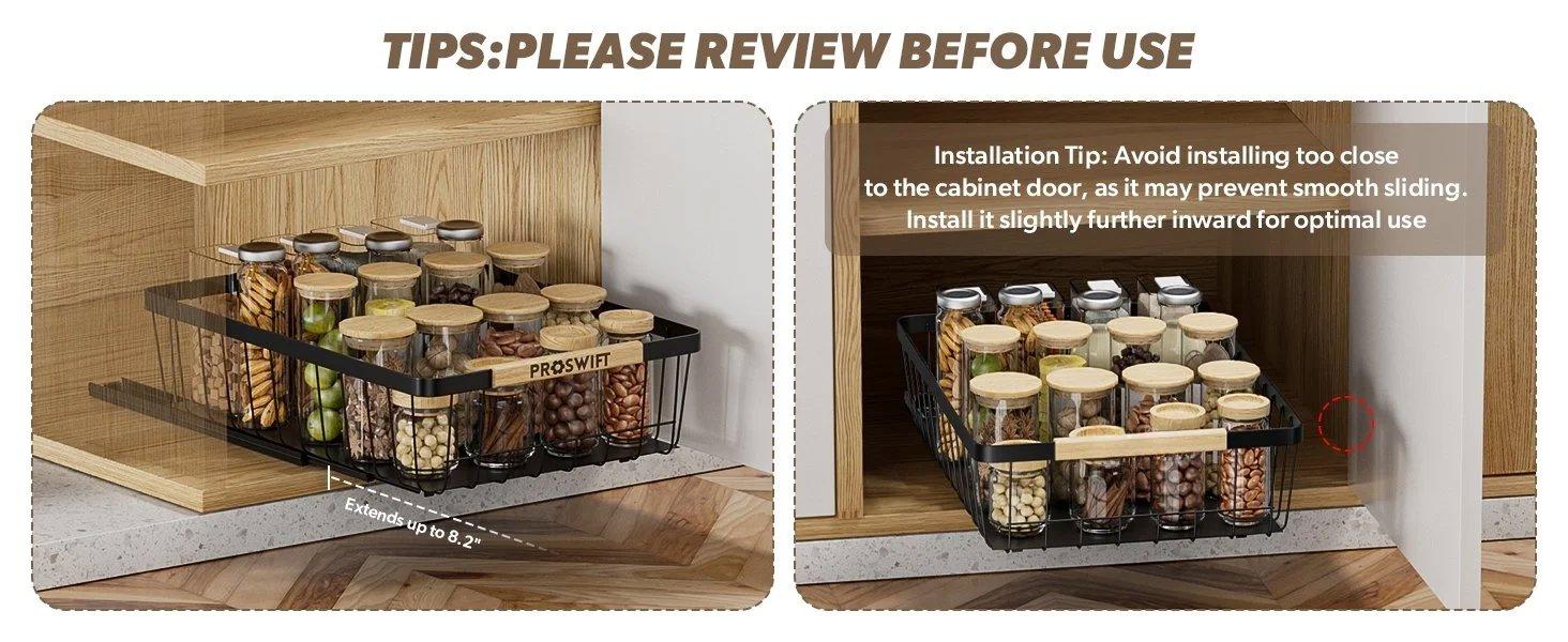 THE WELL KEPT Pull Out Cabinet Organizer 2 Pack, Slide Out Drawers for Kitchen Cabinets, Cabinet Drawers with Adhesive Nano Glue for Bathroom, Living Room, Kitchen Clutter Organization