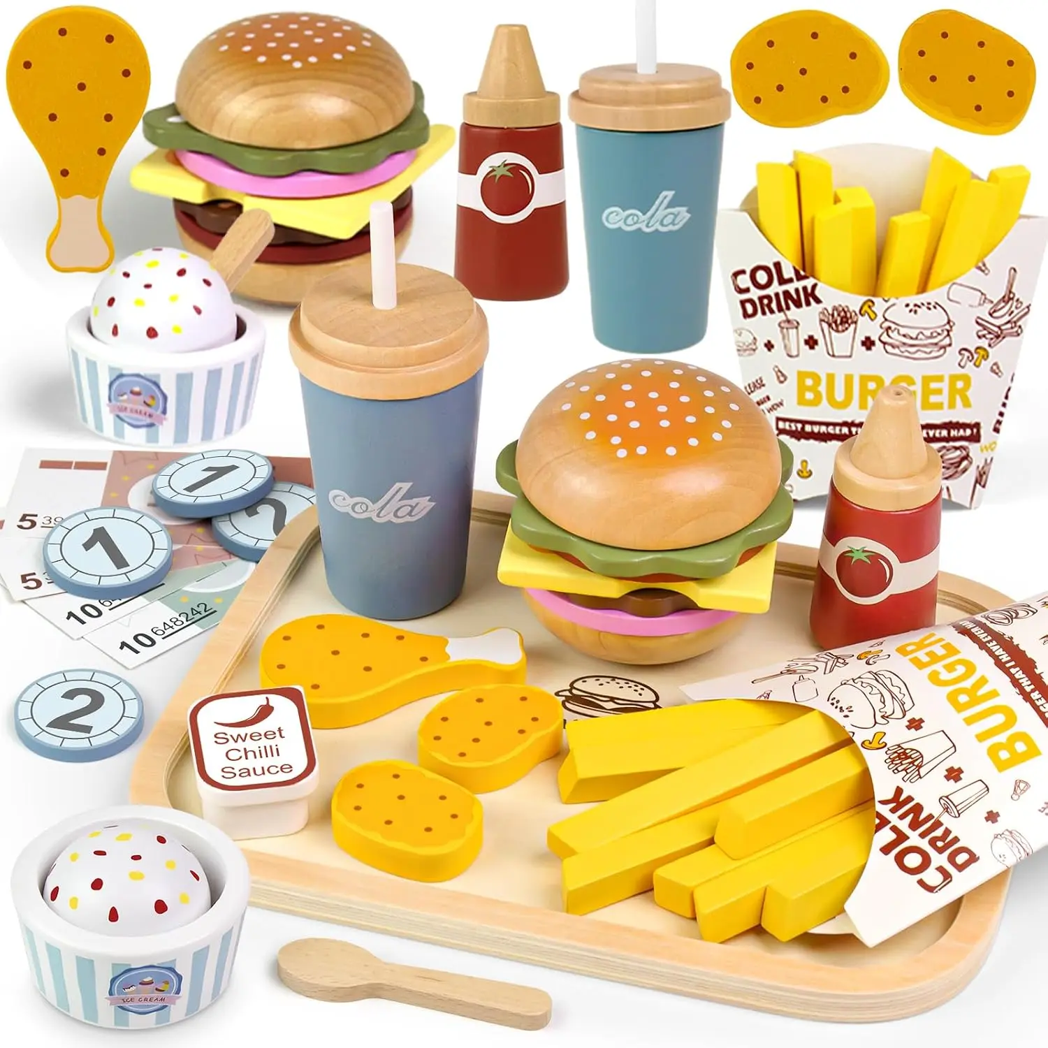 Wooden Play Food for Toddlers Pretend Play Sets 3-5 Year Old Food Toy Kitchen Accessories Birthday Gift for 3 Year Old Girl Boy 2-4 Age 4 5 6 Wood Educational Toys