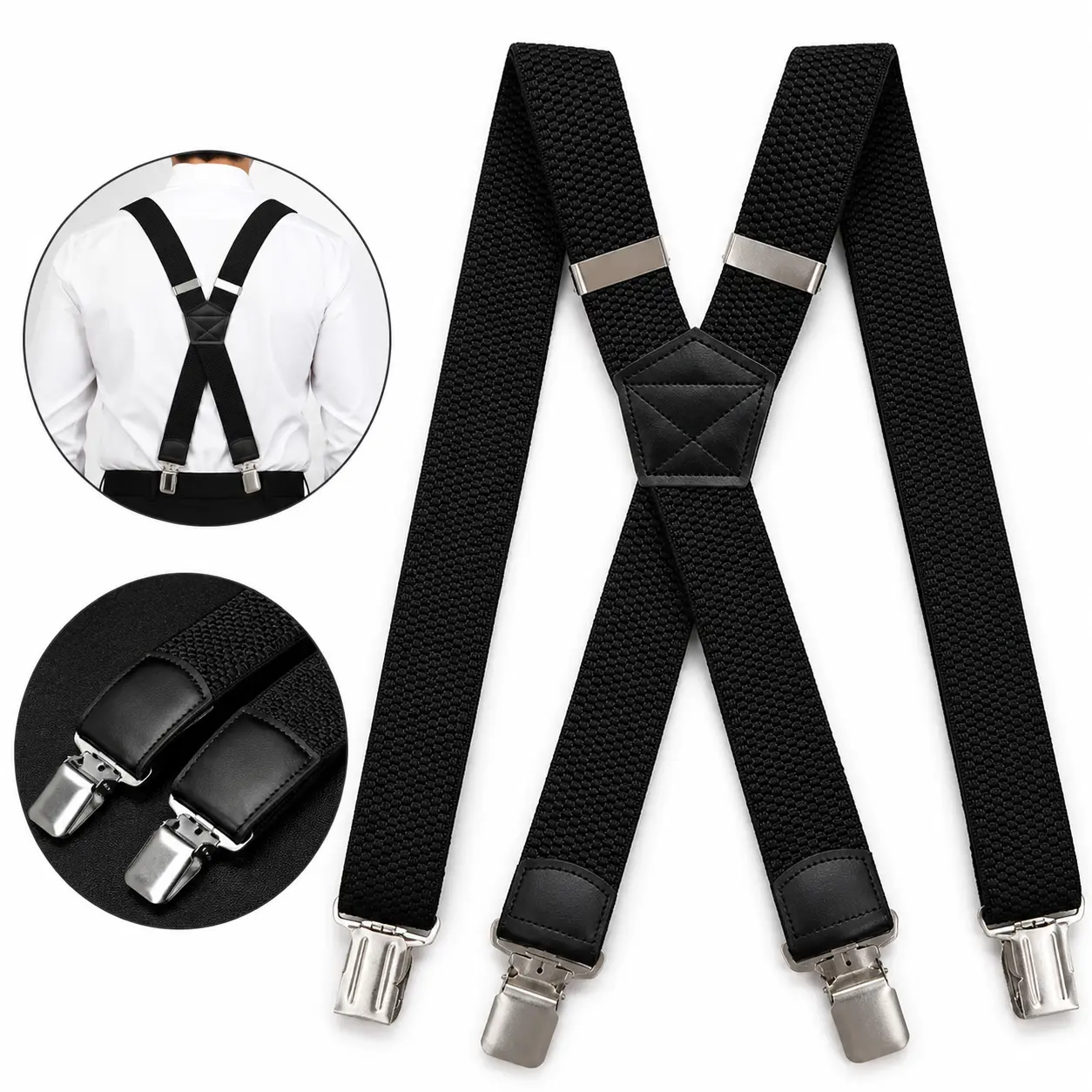 Men's Wide X-Back Suspenders 3.5cm Elastic Adjustable 4-Clip Braces