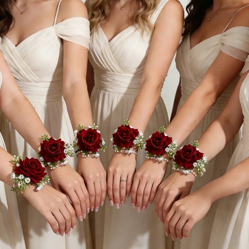 6Pcs Elegant Fabric Rose Wrist Corsage Set, Artificial Floral Wrist Accessories for Vintage Wedding Bridal Party Prom, Reusable Formal Ceremony Outfit Decor Supplies