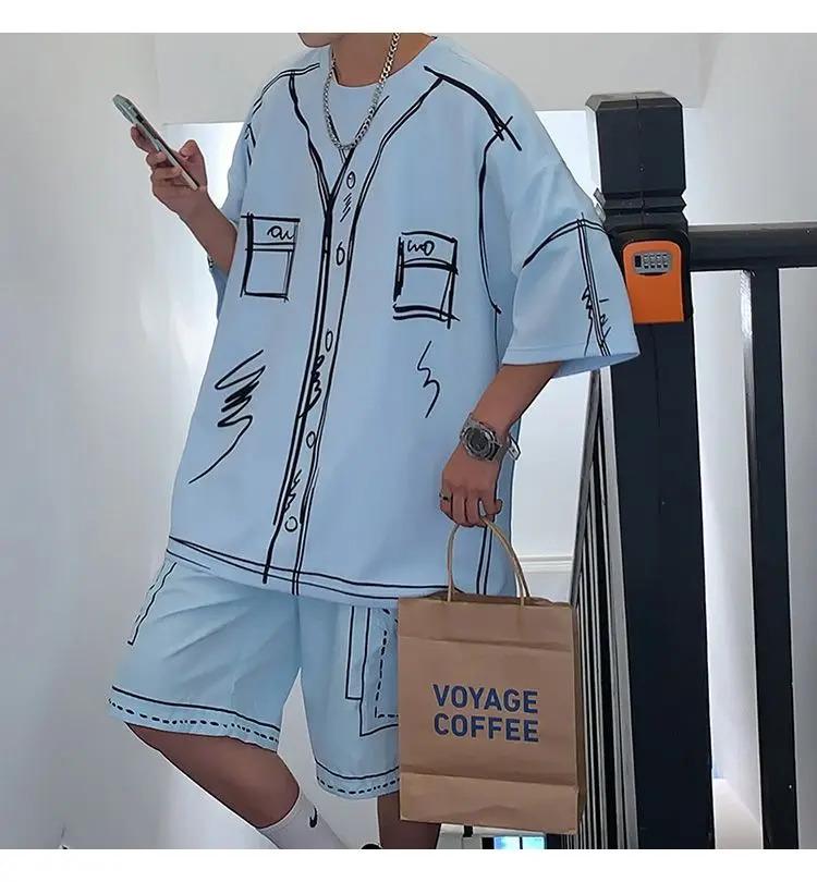 Summer Elegant Fashion Harajuku Slim Fit Ropa Hombre Loose Casual All Match Sports Suit Ice Shreds Short Sleeve Two Piece Set