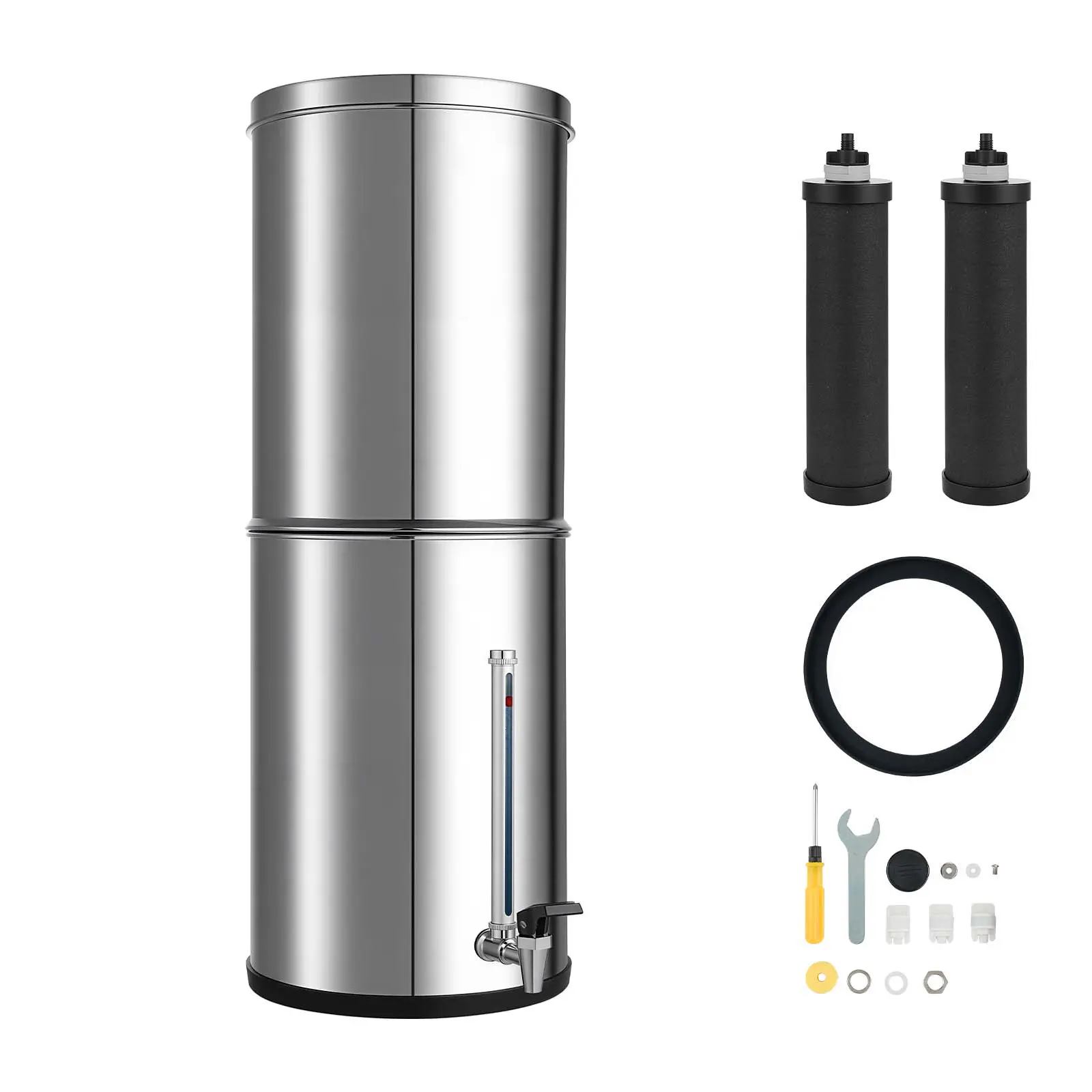 Gravity-fed Water Filter System, 3.25G 304 Stainless-Steel Countertop Water Filtration System, Reduces Lead and up to 99% of Chlorine, with 2 Carbon Filters, Water Level Spigot, for Home Camping