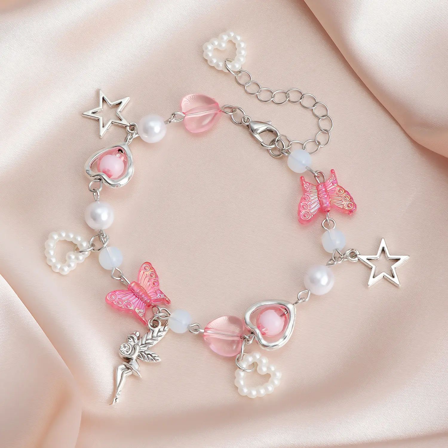 4 Styles Fairy Butterfly Star Heart Beaded Charm Bracelet Adjustable Silver Chain Y2K Kawaii Cute Bead Bracelets For Women Teen Girls Daily Party Sweet Cool Jewelry Accessories
