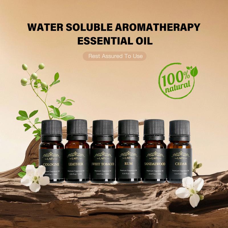 Water Soluble Essential Oils Kit for Fresh Air, Sandalwood, Cedarwood, Leather, Sweet, Rum, Eau De Cologne, Suitable For Homes, Offices and SPA, 6x10ml