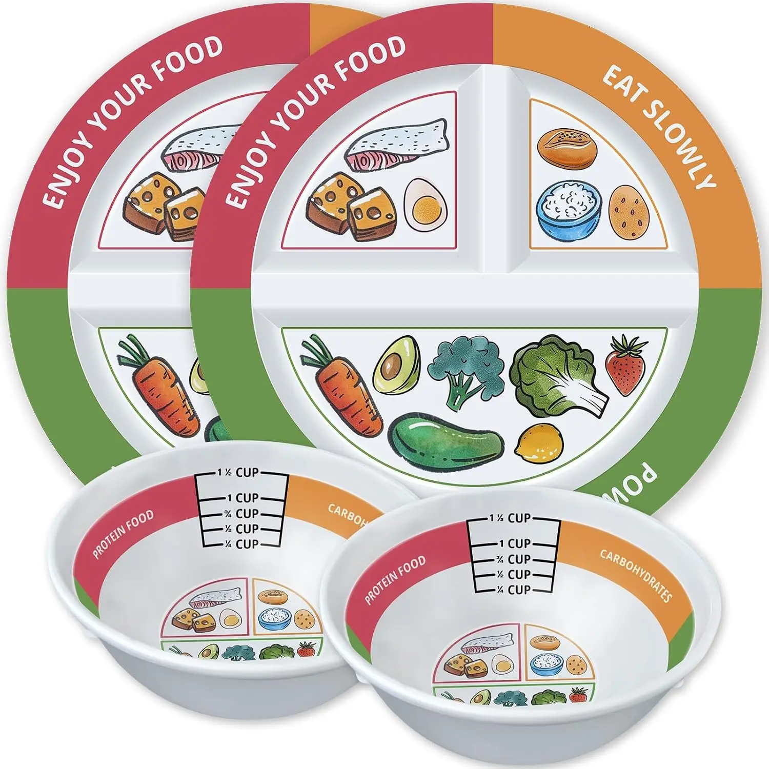 4 Pcs Portion Control Plates & Bowls Set (9 Inch), Self-Measuring for Weight Loss, Gastric Bypass, LapBand, Diabetes & Healthy Diets, Divided Nutrition Plates for Adults & ChildrenGift