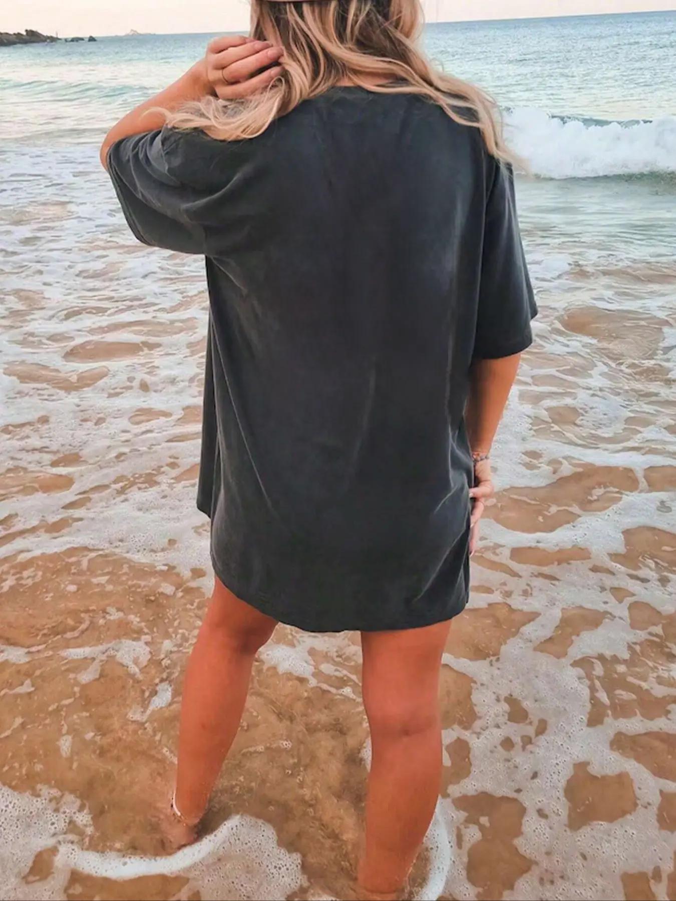 Women's Letter & Cowboy Print Drop Shoulder Tee, Casual Half Sleeve Round Neck T-shirt Fit Fabric for Daily Wear, Ladies Clothes for All Seasons, Womenswear