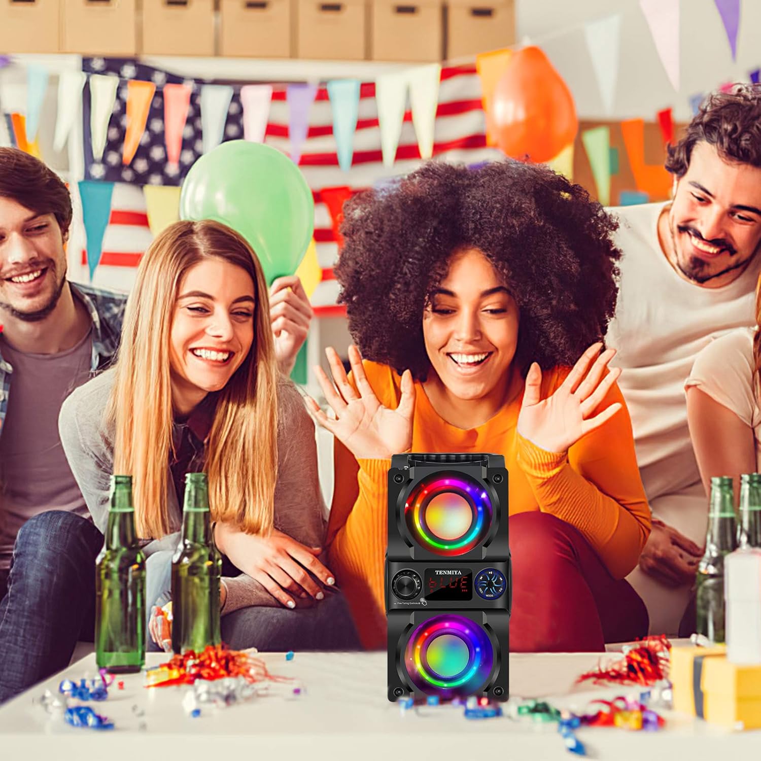 Bluetooth Speaker, 40W (60W Peak) Portable Wireless Speaker with Colorful Lights, Double Subwoofer Heavy Bass, FM Radio, MP3 Player, Bluetooth 5.0, Loud Stereo Speakers for Home Outdoor Party Camping for Gifts