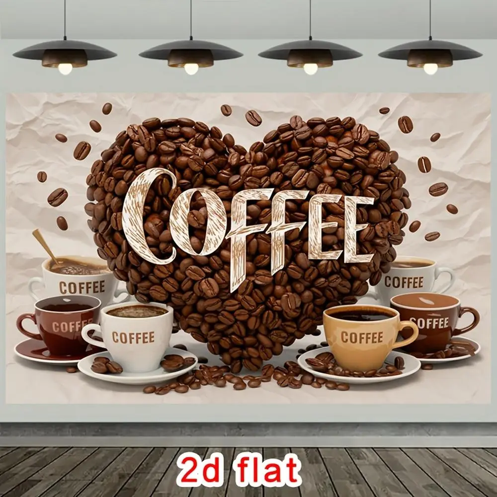 2D Flat, 1pc Rustic Coffee Bean & Cup Party Banner Suitable for Party Decor - Polyester Farmhouse Backdrop, Neutral Earth Tones, for Coffee-Themed Events, Birthdays, Valentine's Day, Eid Al-Fitr, No Electricity, Polyester Fabric, Glam