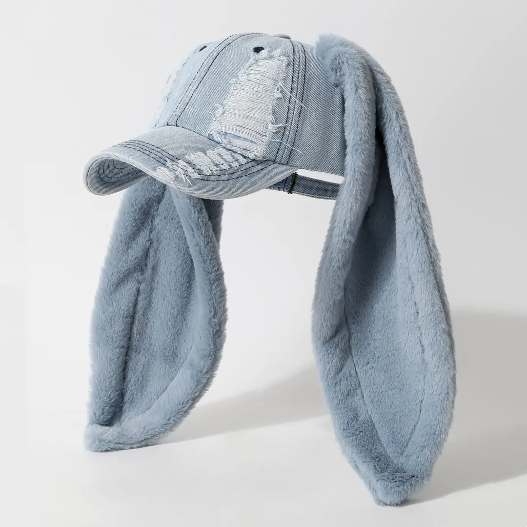 Unisex Vintage Washed Distressed Pink Baseball Cap - Rotatable Plush Bunny Ears Snapback, Wide Brim Cotton-Polyester Headwear, Adjustable 1-Size-Fits-Most Y2K Style for Women, Casual Outdoor Accessory black fashion funny