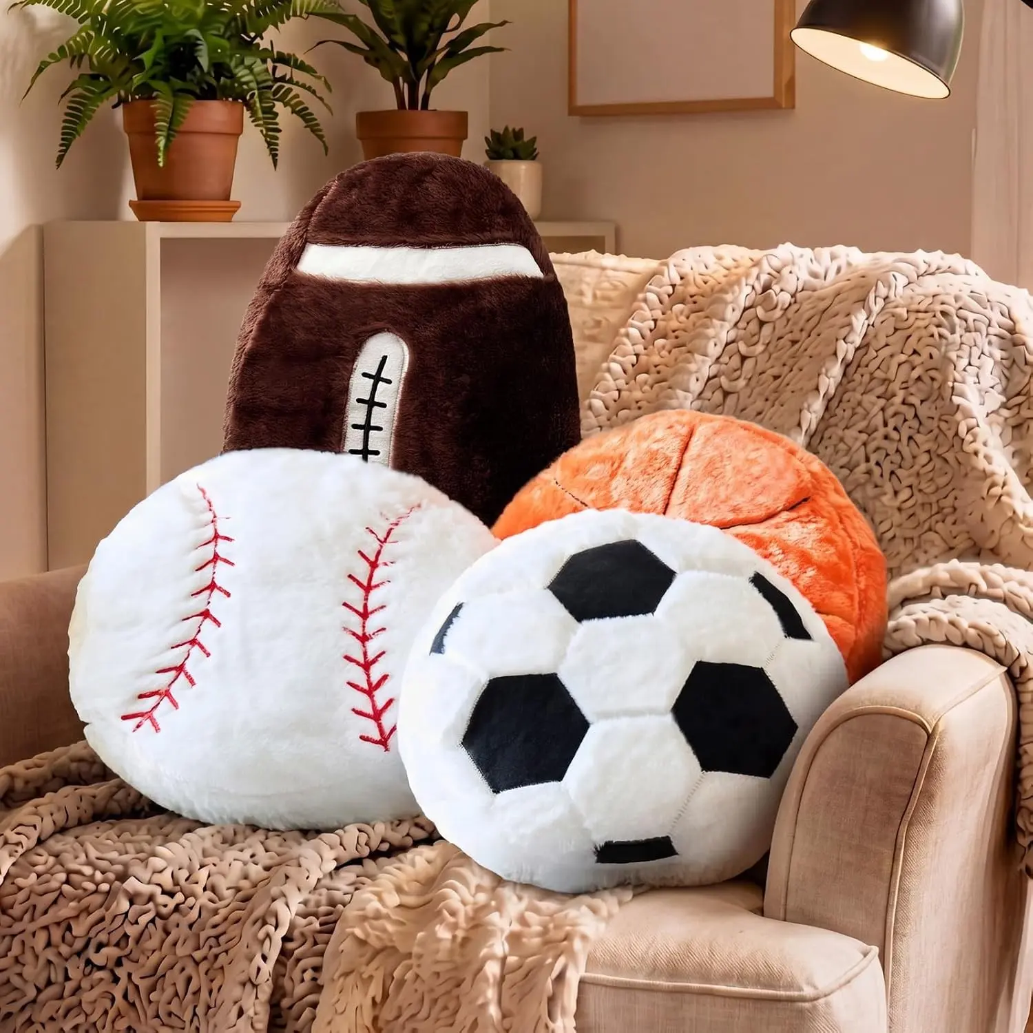 Sports Throw Pillows Fluffy Stuffed Soccer Basketball Baseball Pillow Plush Toy Sport Cushion for Room Decor Birthday Present(Medium,Assorted Color,4)