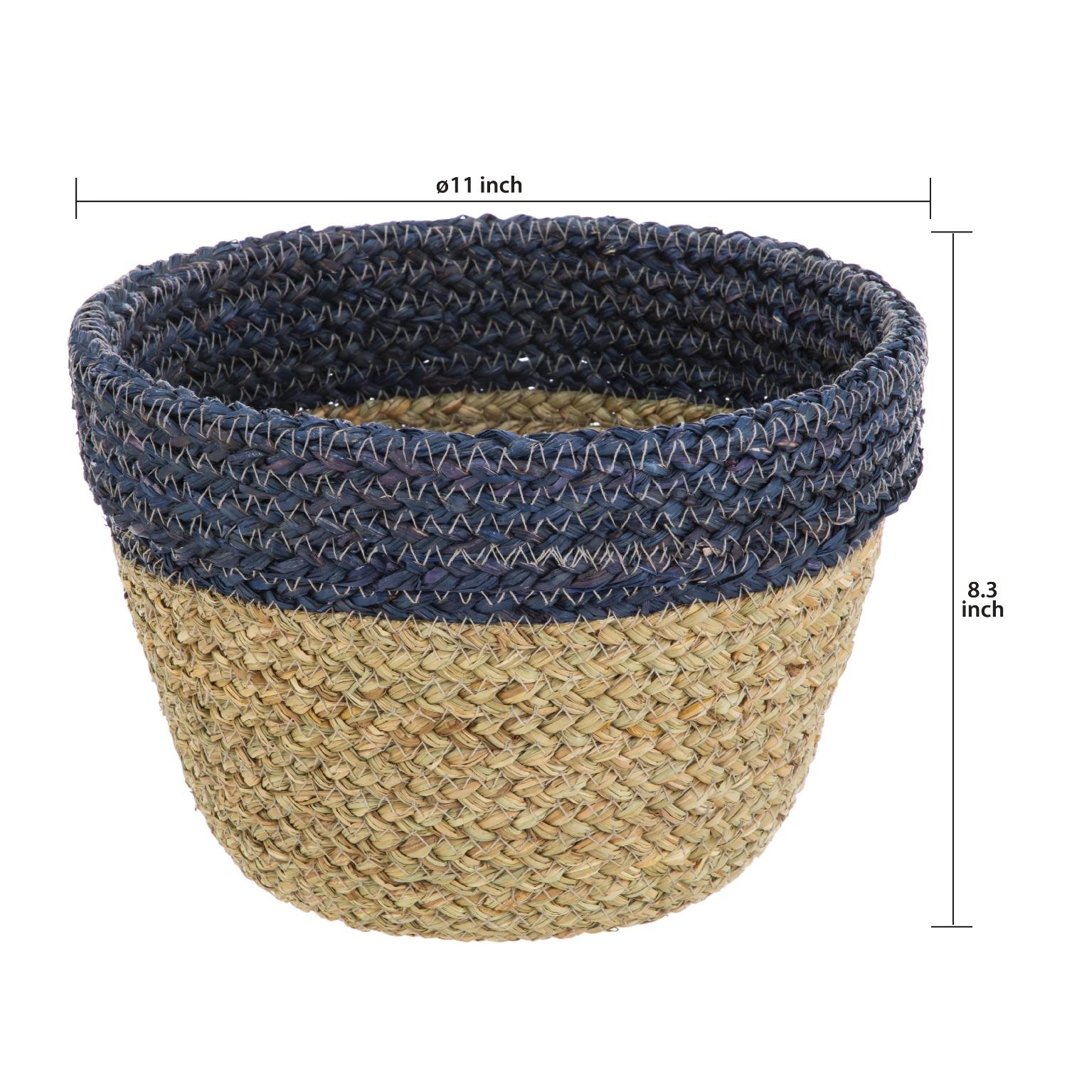 [Home Decor] Two-Tone Seagrass Basket - 11x8.3 Inch Navy & Natural Storage Bin for Shelf Organization & Displays