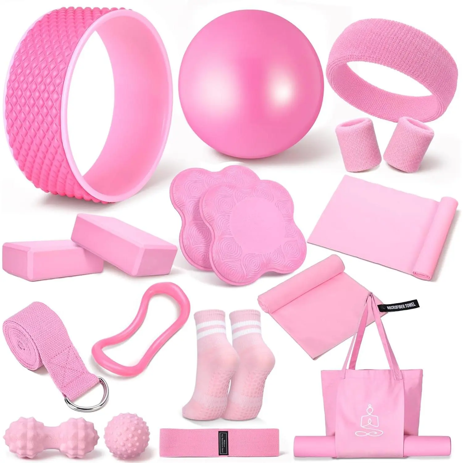 17 count Yoga Essential Kit for Women, Pilates Equipment Starter Set for Beginners with Yoga Wheel Ball Blocks Strap Resistance Bands Wrist Rings Socks Towel & Carry Bag for  Workouts