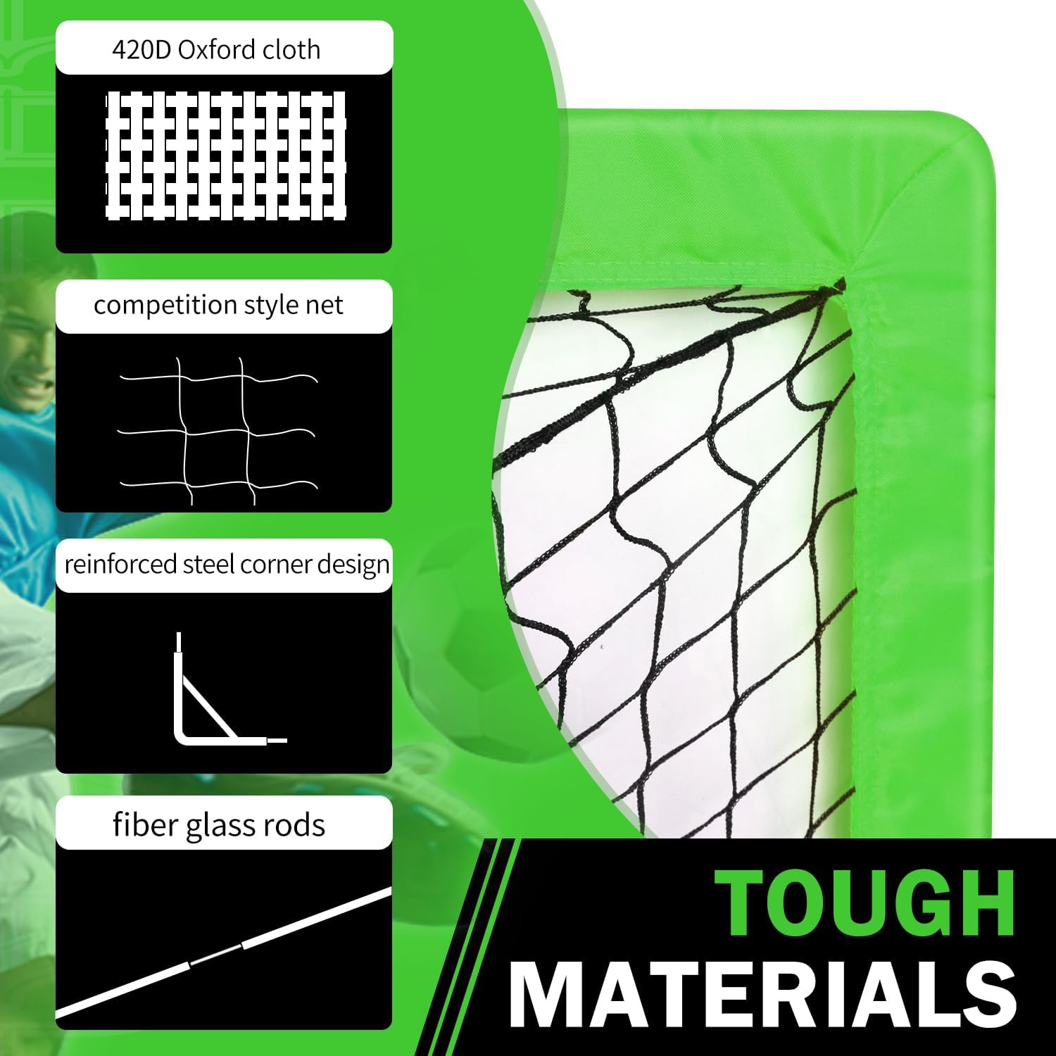 Portable Soccer Goal 9x5ft/6x4ft/4x3ft with Stakes - Green for Backyard, Indoor & Outdoor Use