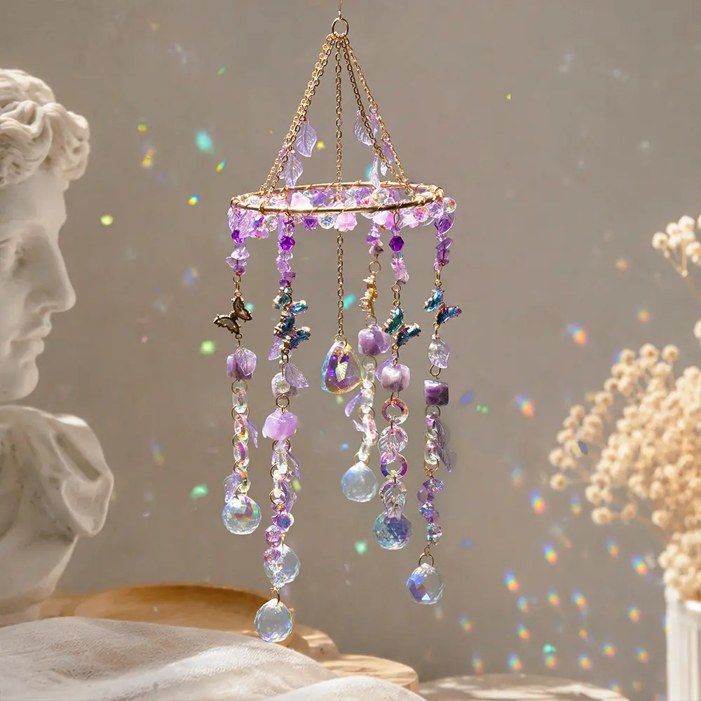 Crystal Wind Chime Sun Catcher, Boho Hanging Glass Prism Rainbow Maker, Butterfly Pendant, Wall Mounted, Outdoor Wind Chimes, Garden Patio Yard Home Decoration, Gift for Her