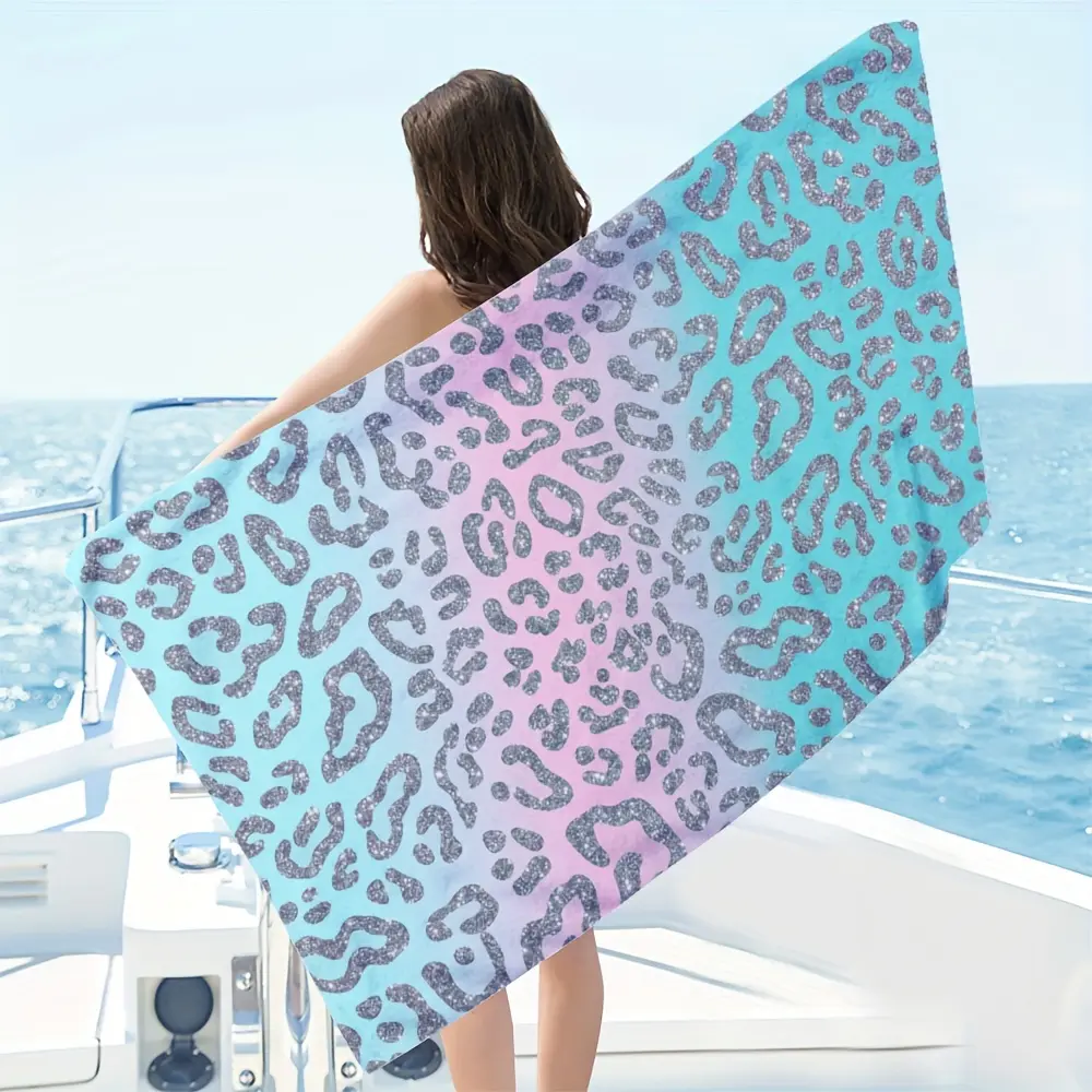 Women's Quick-Dry Microfiber Beach Towel - Silver Glitter Leopard Print, Pink-Mint Gradient, Sand-Free, Lightweight, Large Bath Towel for Glam Beach Lovers, Summer Holiday Gift