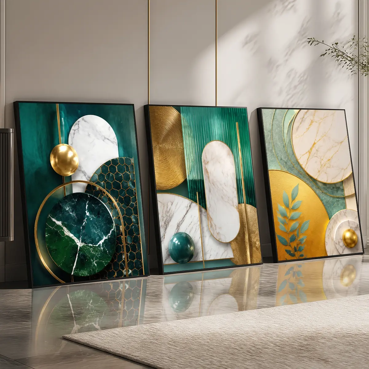 3 Count Aluminum Alloy Frame Canvas, Green Marble Golden Geometric Fashion Poster, Modern Living Room Decoration, Light Luxury Family Art, Suitable For Bedroom, Corridor And Office Metal Wall Decor, Gift