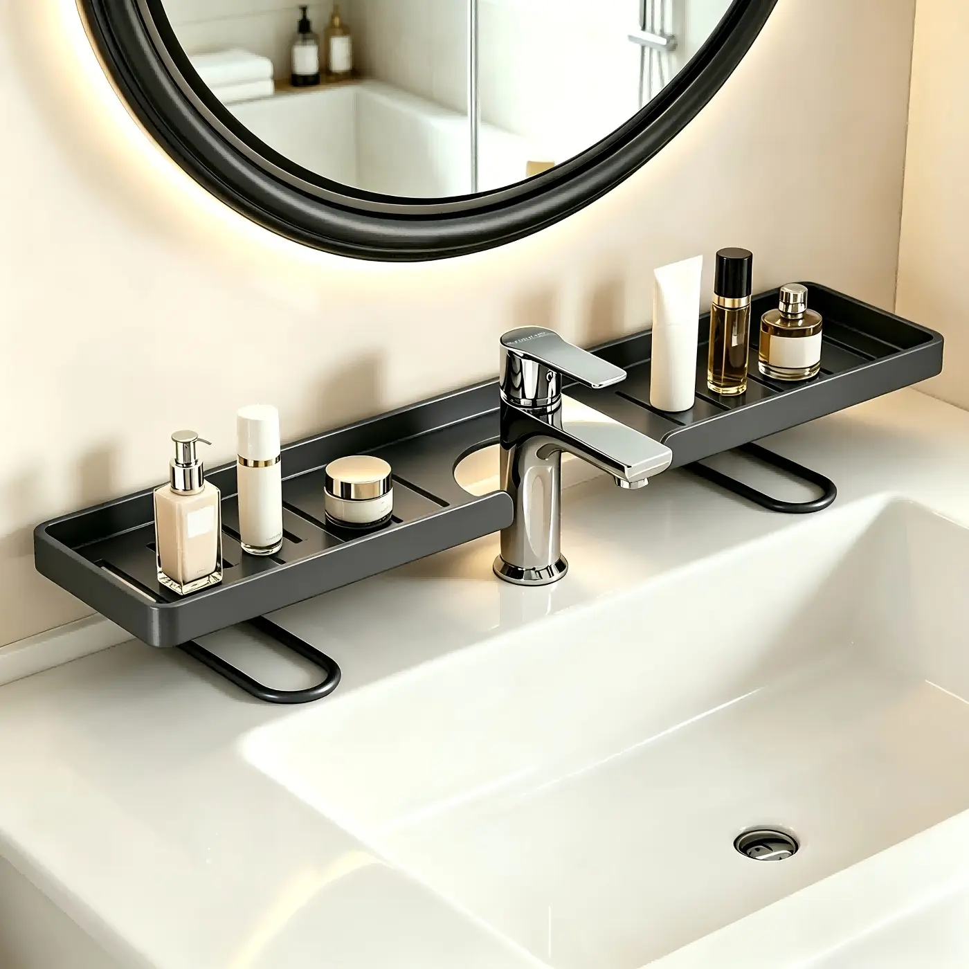 Carbon Steel Faucet Storage Rack, Bathroom Organizing Accessories, for Bathroom Kitchen, Freestanding No Drill Sink Organizer with Enlarged Groove Fits Faucets, Multi-Purpose Caddy for Skincare Toiletries Kitchen Cleaners, White Gray Matches Home Decor