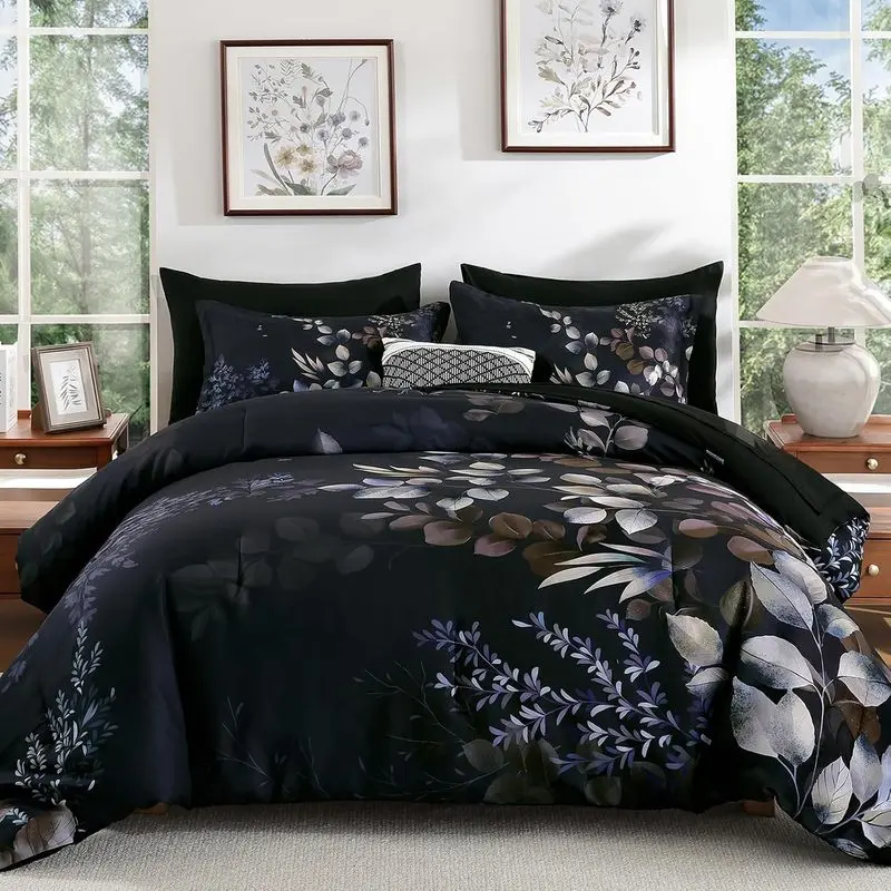 Contemporary Queen Size Black Polyester Botanical Comforter Set - 7-Piece Bed in a Bag with Wrinkle-Resistant Sheets, Pillowcases, Shams, Dark Floral Leaf All-Season Duvets & Sets