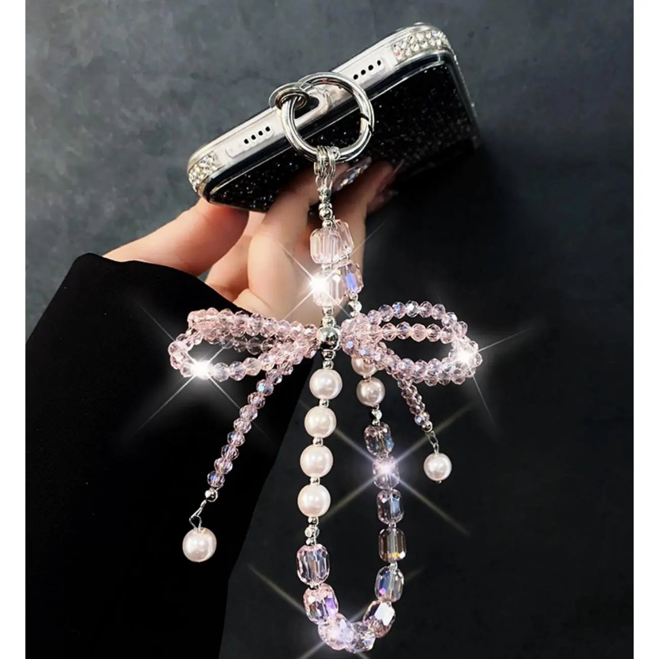 Women's Luxury Crystal Beaded Smartphone Strap - Multi-Functional Card-Ready Mobile Accessory with Tether Tab, Hands-Free Wristlet, Keychain & Protection Feature, Shiny, Accessories, Installation, Metal, Lobster Clasp, Charm, Lanyard, Custom Tether Tab, D
